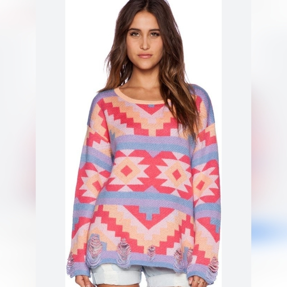 WILDFOX Desert Drive Multicolor PatternedSweater in Acid Pink. Size Small